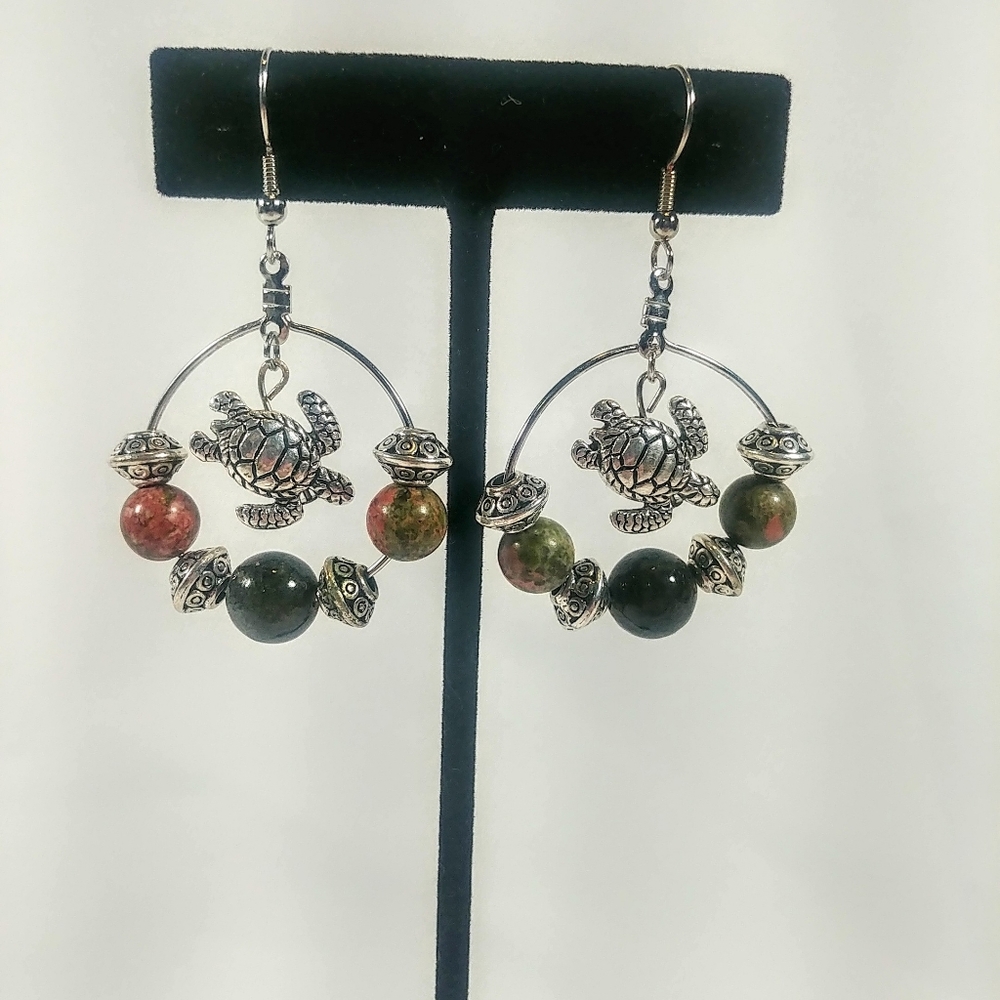 Sea Turtle & Stone Bead Hoop Earrings